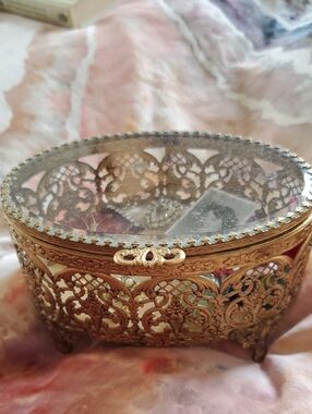Ornate Gold Plated Glass Jewelry Box Vintage